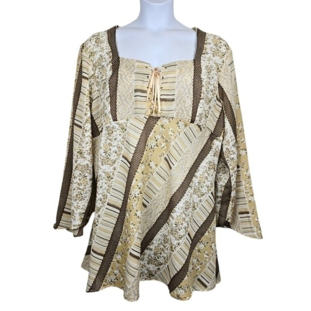 Carolina Bay Womens Flare Sleeve Ivory Brown Floral Print Lace Up Blouse Size 3X